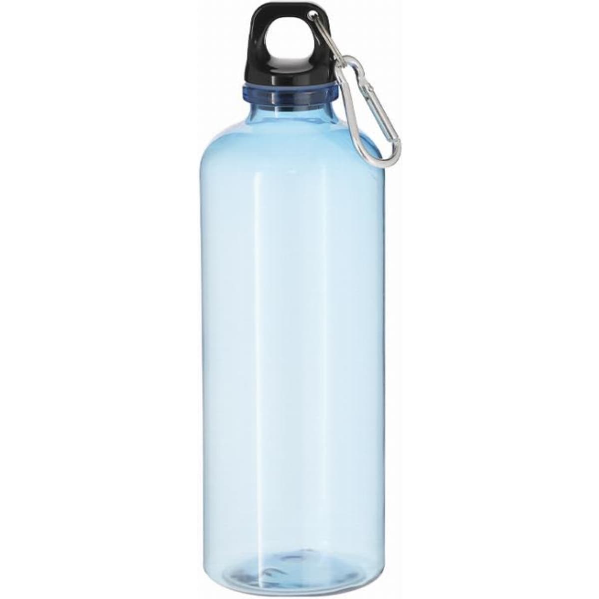 A drink bottle in clear blue plastic with a black cap and a carabiner clip.