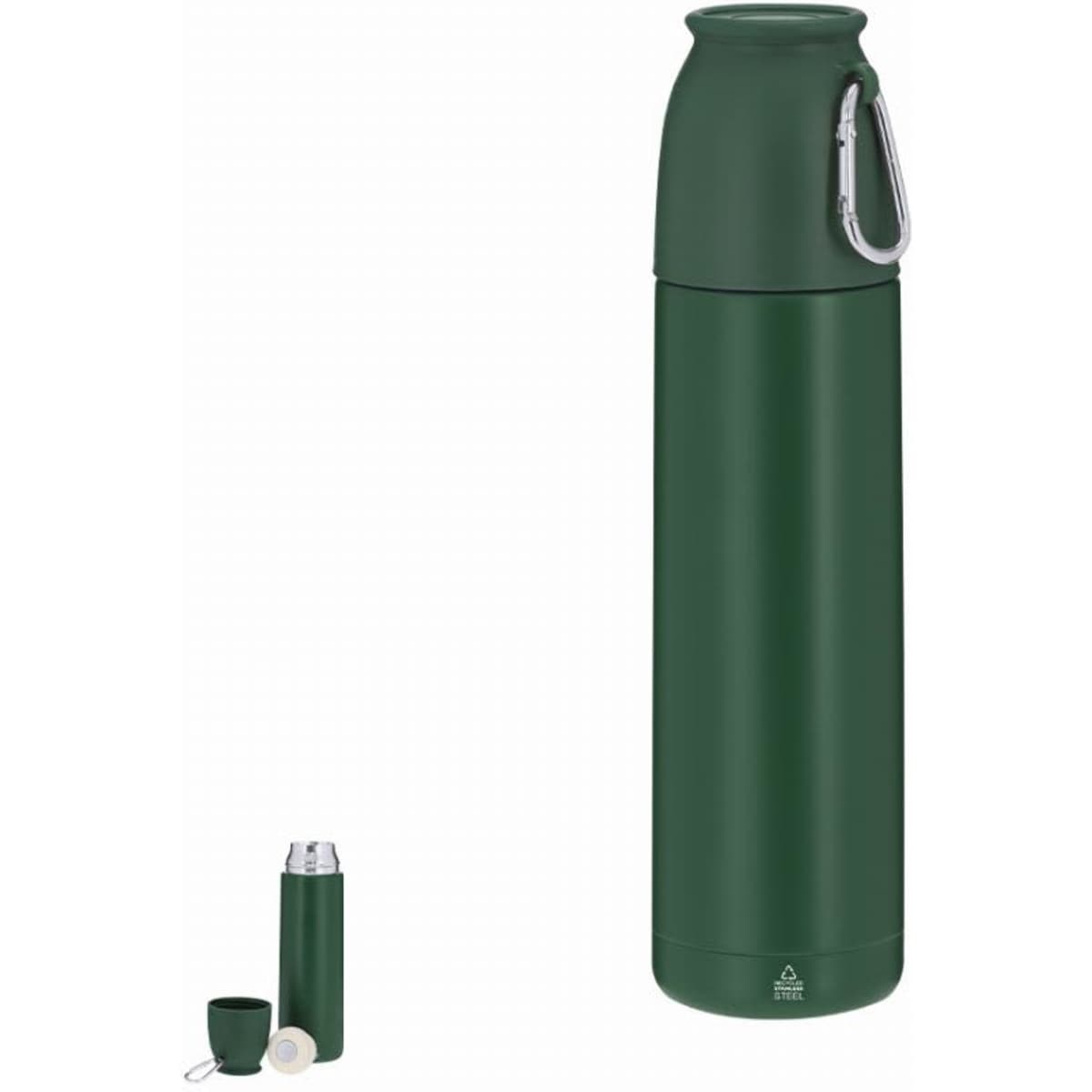 A drink bottle in dark green with a sleek design, featuring a cap and a carabiner for easy carrying.