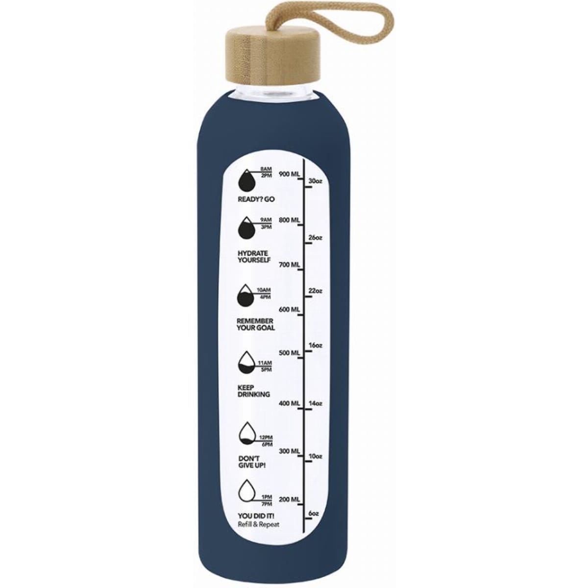 A drink bottle in navy blue with a wooden lid and a measurement scale along the side. It has a logo on the surface.