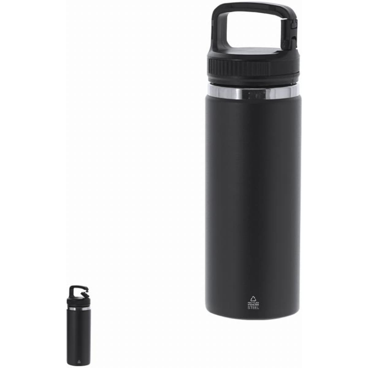 A drink bottle in black with a handle, featuring a secure lid and a sleek design. Includes a logo on the side.