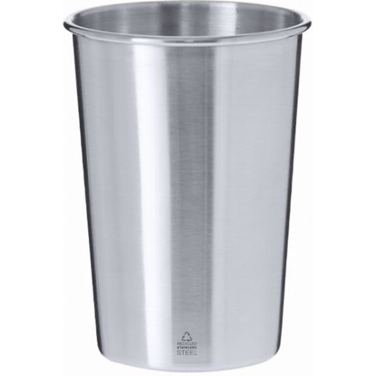 A drink bottle made of stainless steel, featuring a sleek, polished silver finish. It has a simple, modern design.