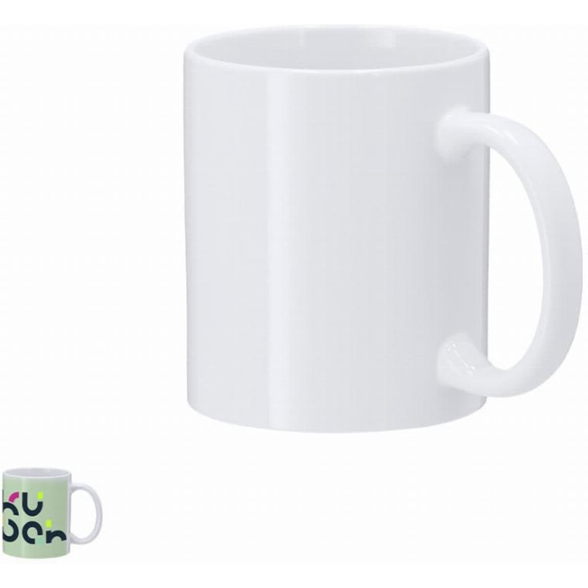 A white ceramic mug with a handle, featuring a logo on one side.