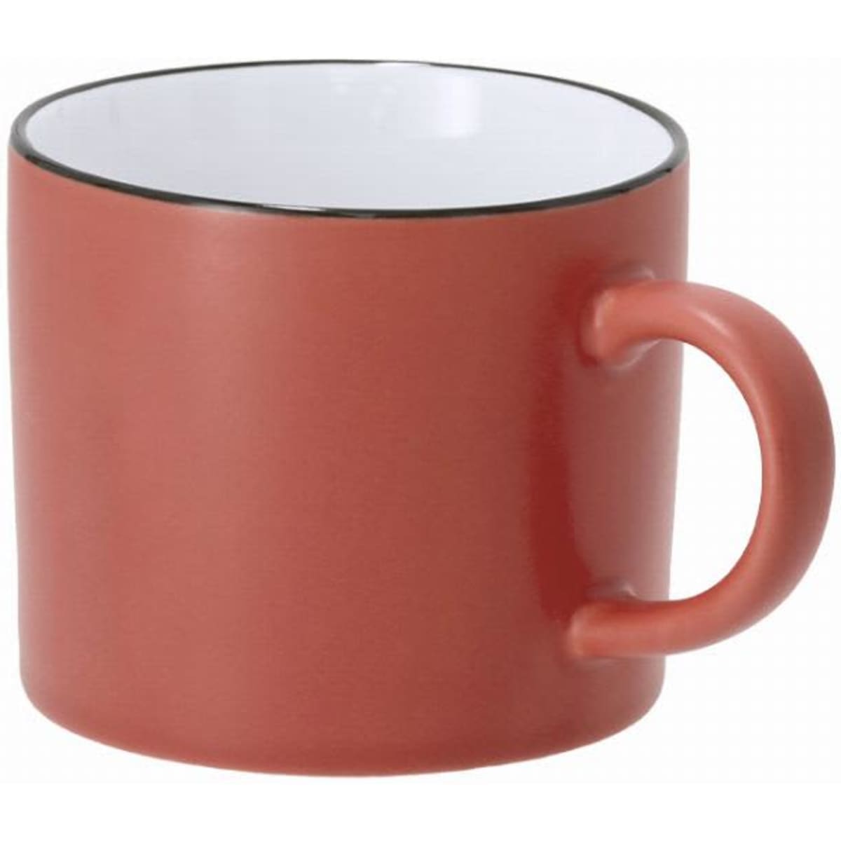 A drink mug in a terracotta colour with a white interior and a black rim, featuring a handle on the side.