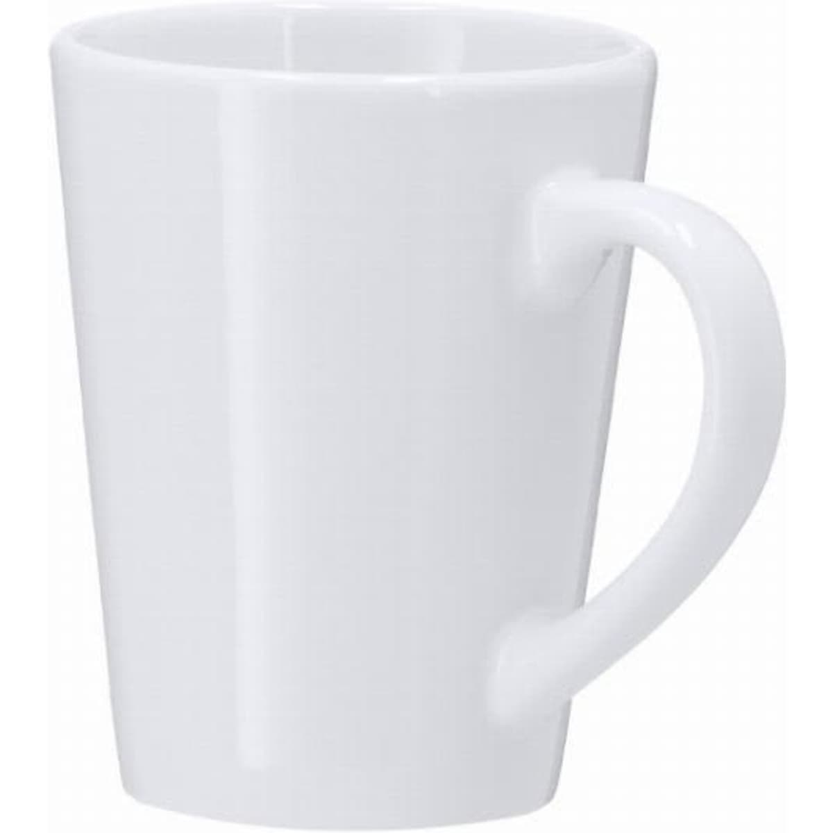 A white ceramic mug with a handle, featuring a modern, sleek design.