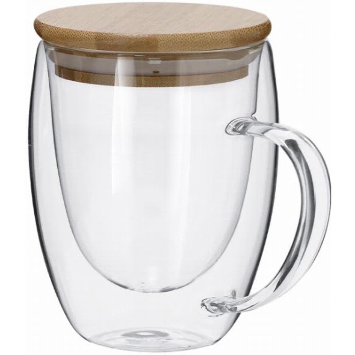 A clear double-walled glass mug with a bamboo lid and a curved handle.