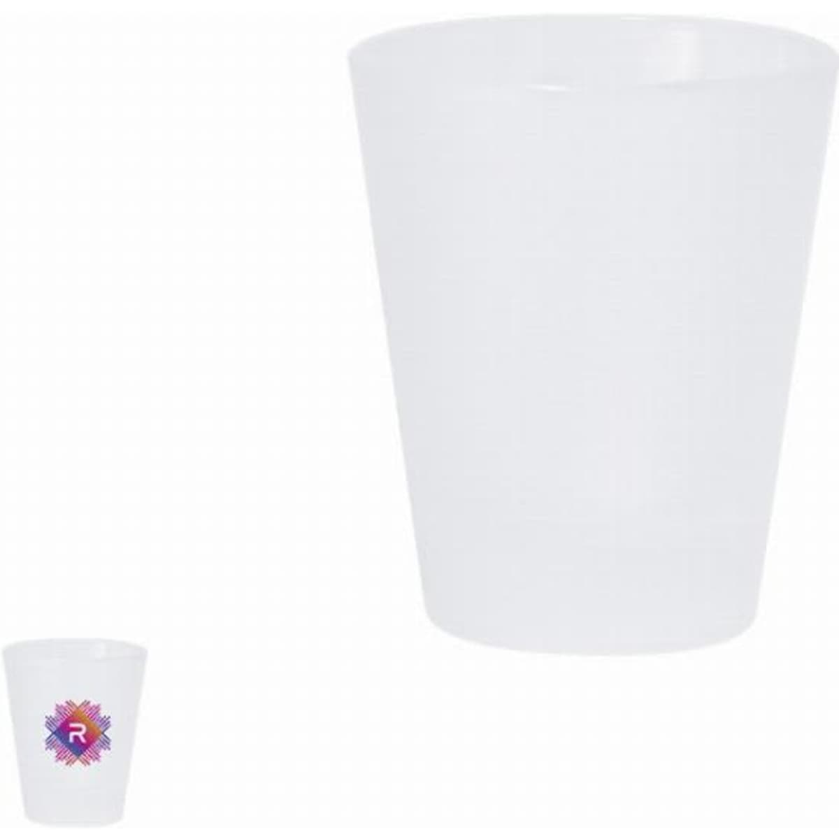A clear plastic cup with a smooth surface and a logo on it, featuring a vibrant purple and pink design.