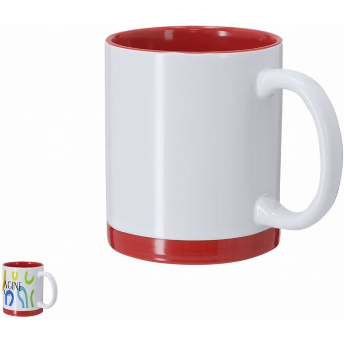 A drink bottle with a white exterior and a red interior, featuring a red base and a handle. It has a logo.