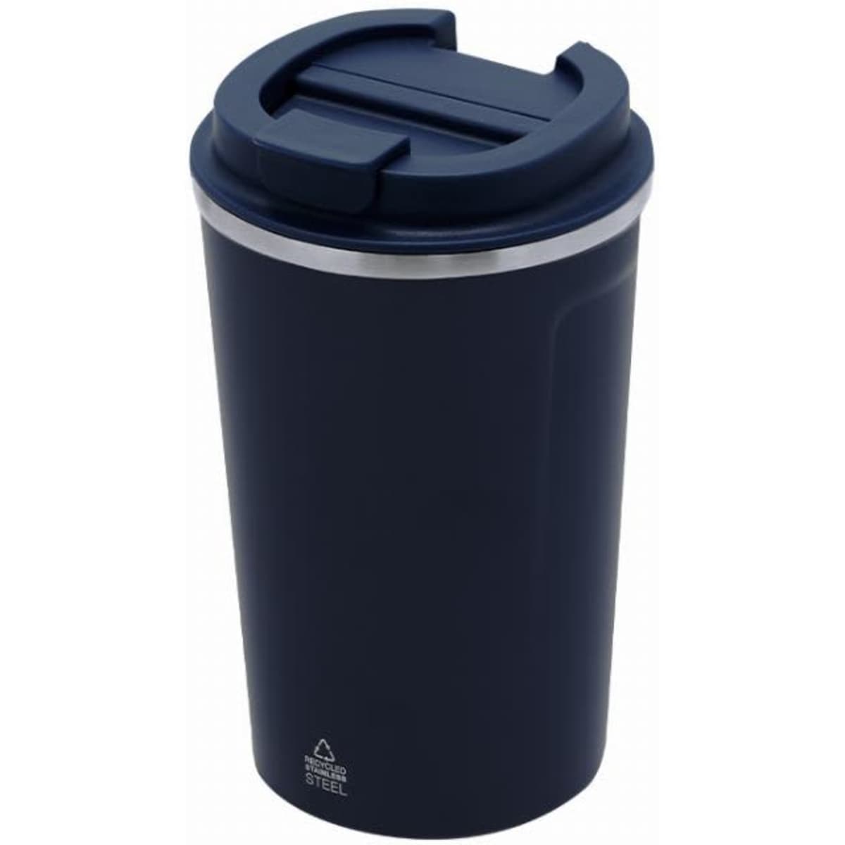 A drink bottle in navy blue with a silver rim and a sealed top. It features a logo on the side.