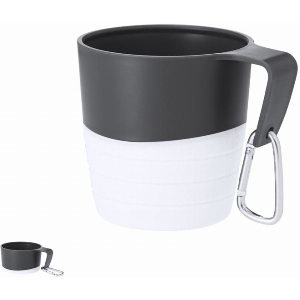 A drink bottle with a black upper section and a white lower section, featuring a handle and a carabiner.