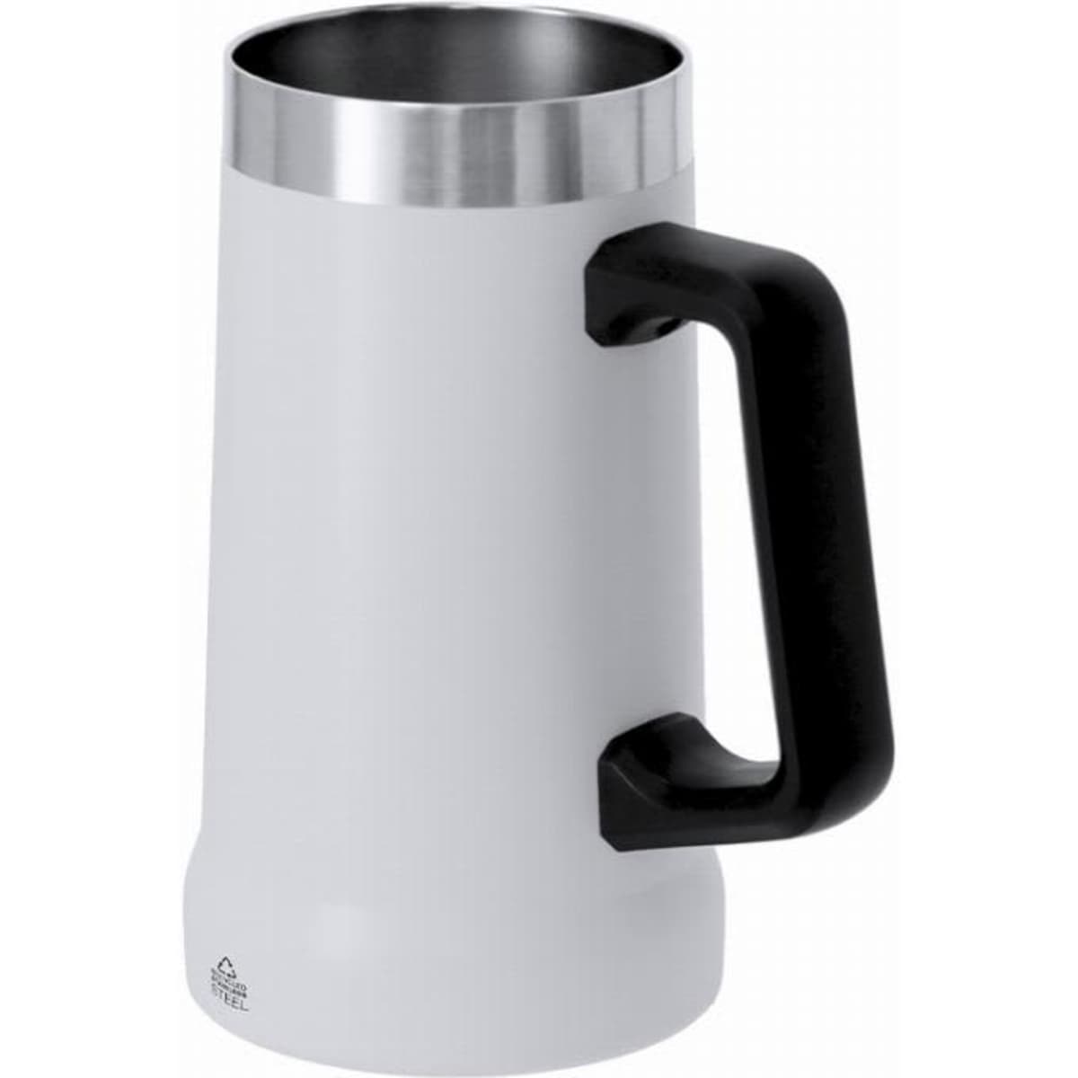 A drink bottle with a white exterior and a black handle, featuring a stainless steel inner lining.