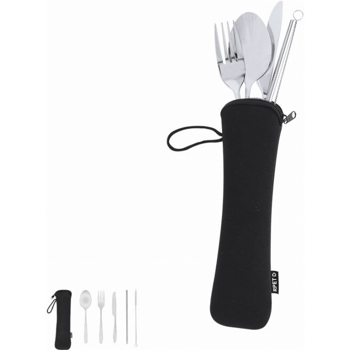 A cutlery set in a black zippered case, featuring spoons, forks, knives, and straws. The set includes a logo.