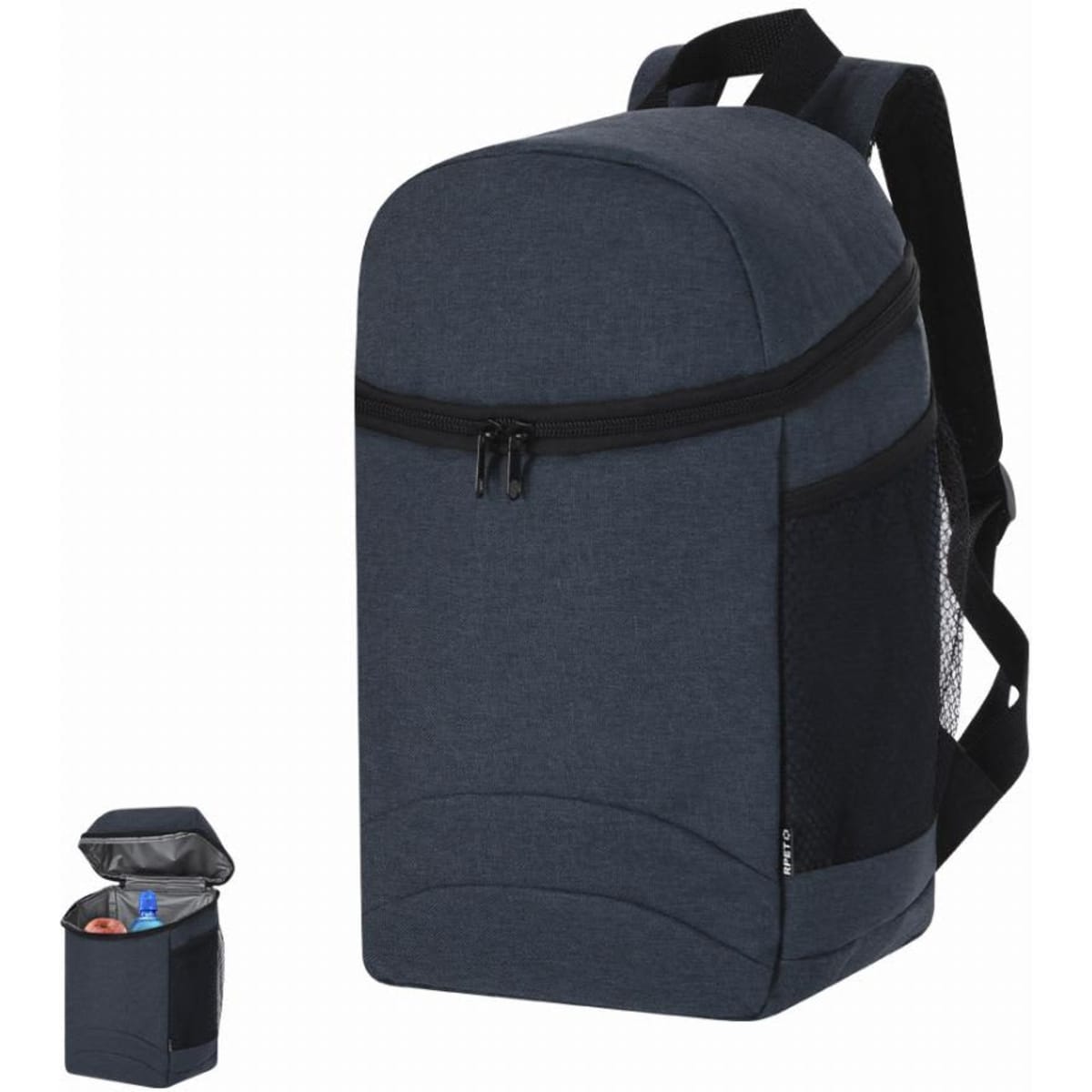 A backpack in navy blue with a zippered compartment and a side mesh pocket for added storage.