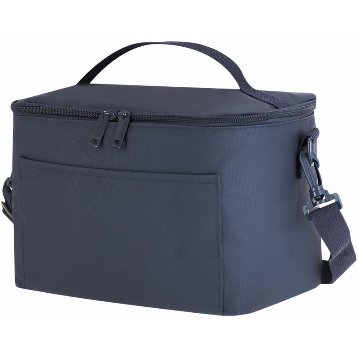 A navy blue insulated cooler bag with a zippered top and adjustable shoulder strap. Features a front pocket.
