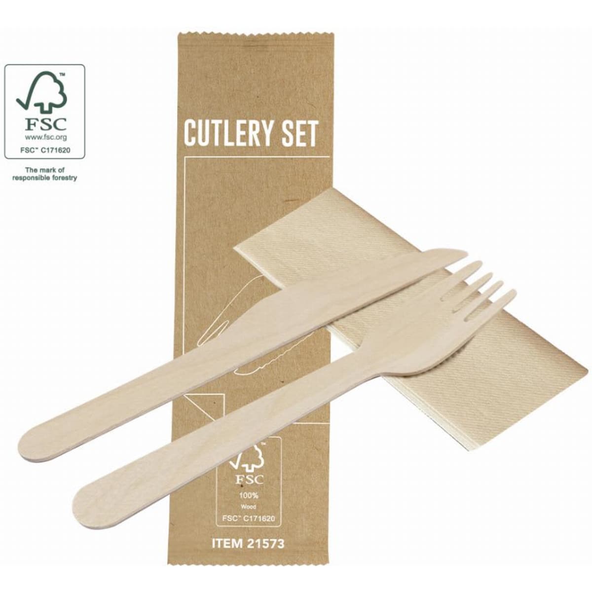 A cutlery set featuring wooden fork and knife, packaged in a biodegradable wrapper with a logo.