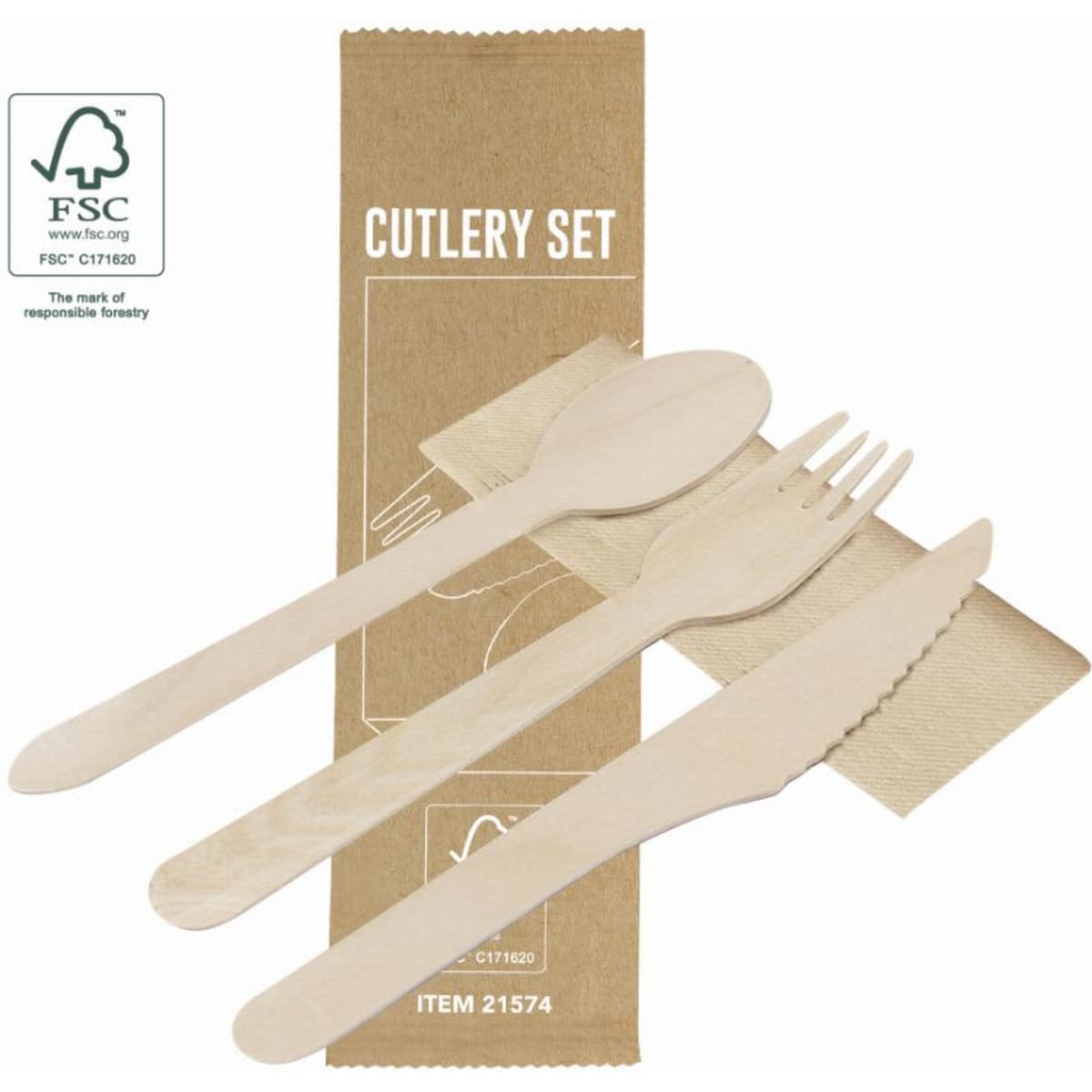 A cutlery set featuring a spoon, fork, and knife in a natural wood finish, packaged in a cardboard sleeve.