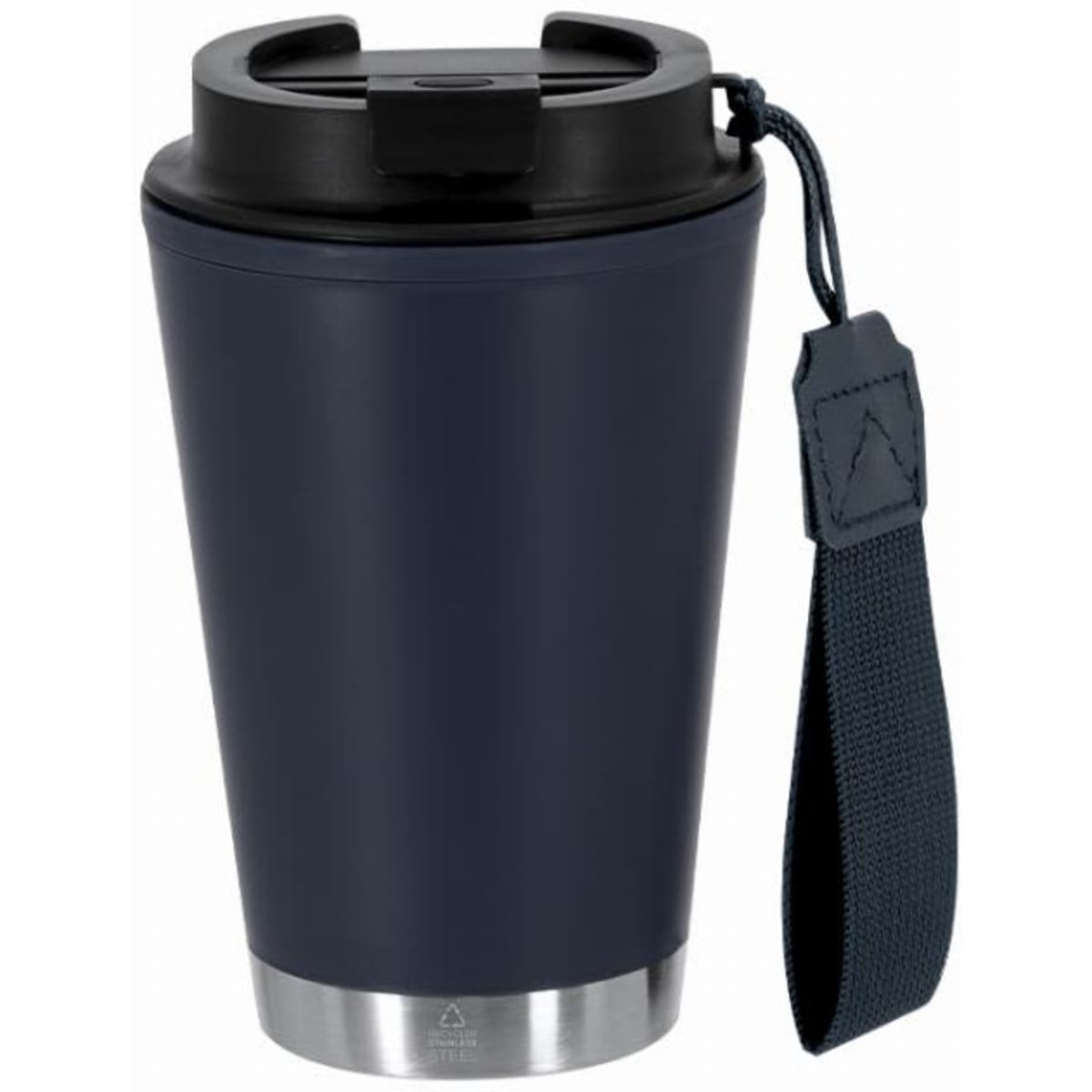 A drink bottle in navy blue with a black lid and a detachable strap, featuring a stainless steel base.
