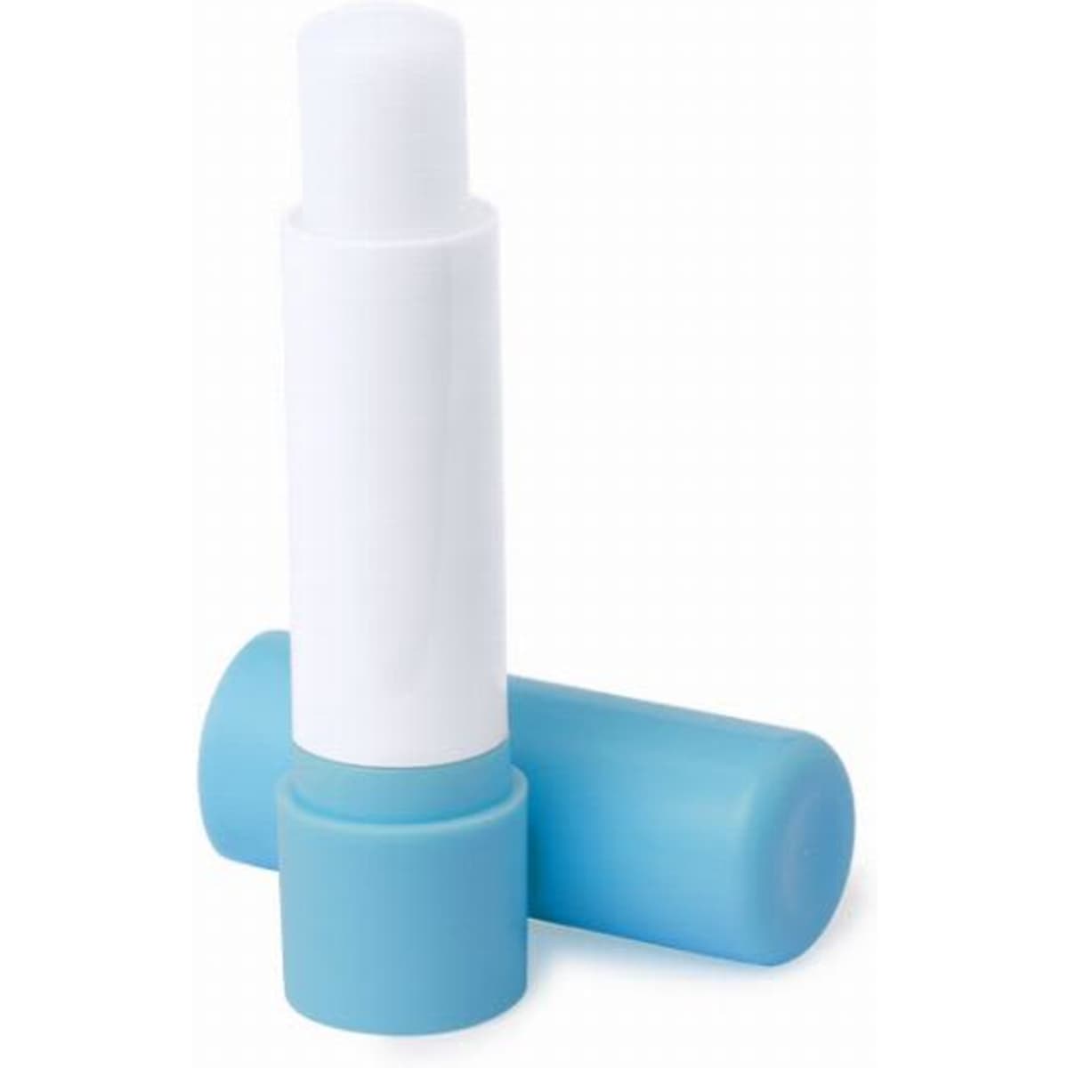 A drink bottle in white and light blue, featuring a simple design and a logo. Two bottles are shown together.