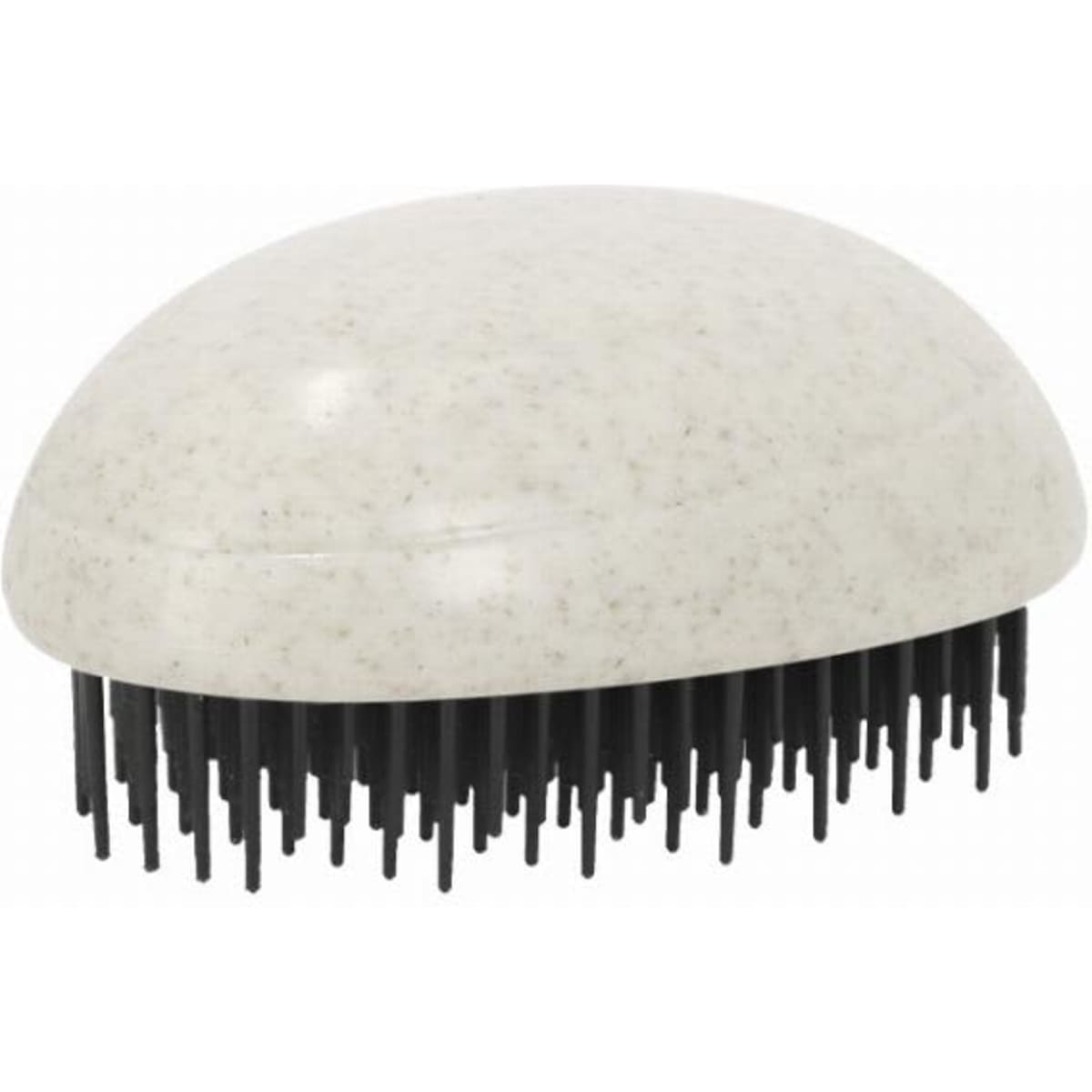 A hairbrush with a rounded, speckled white top and black bristles, featuring a simple design.