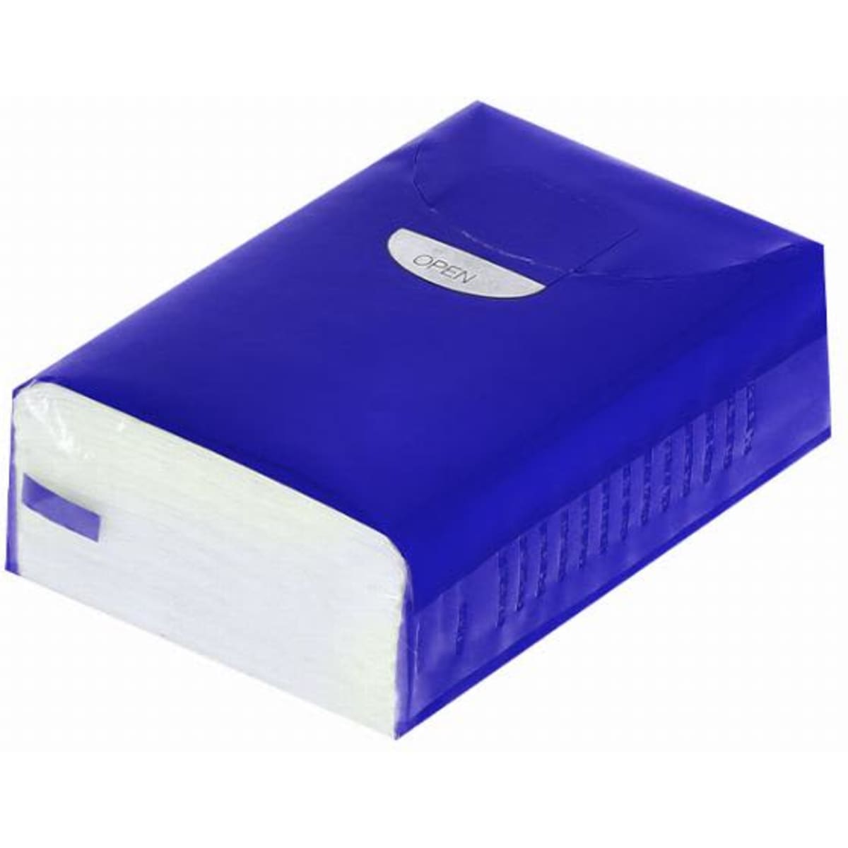 A packet of tissues in a vibrant blue casing, featuring a flap for easy access.