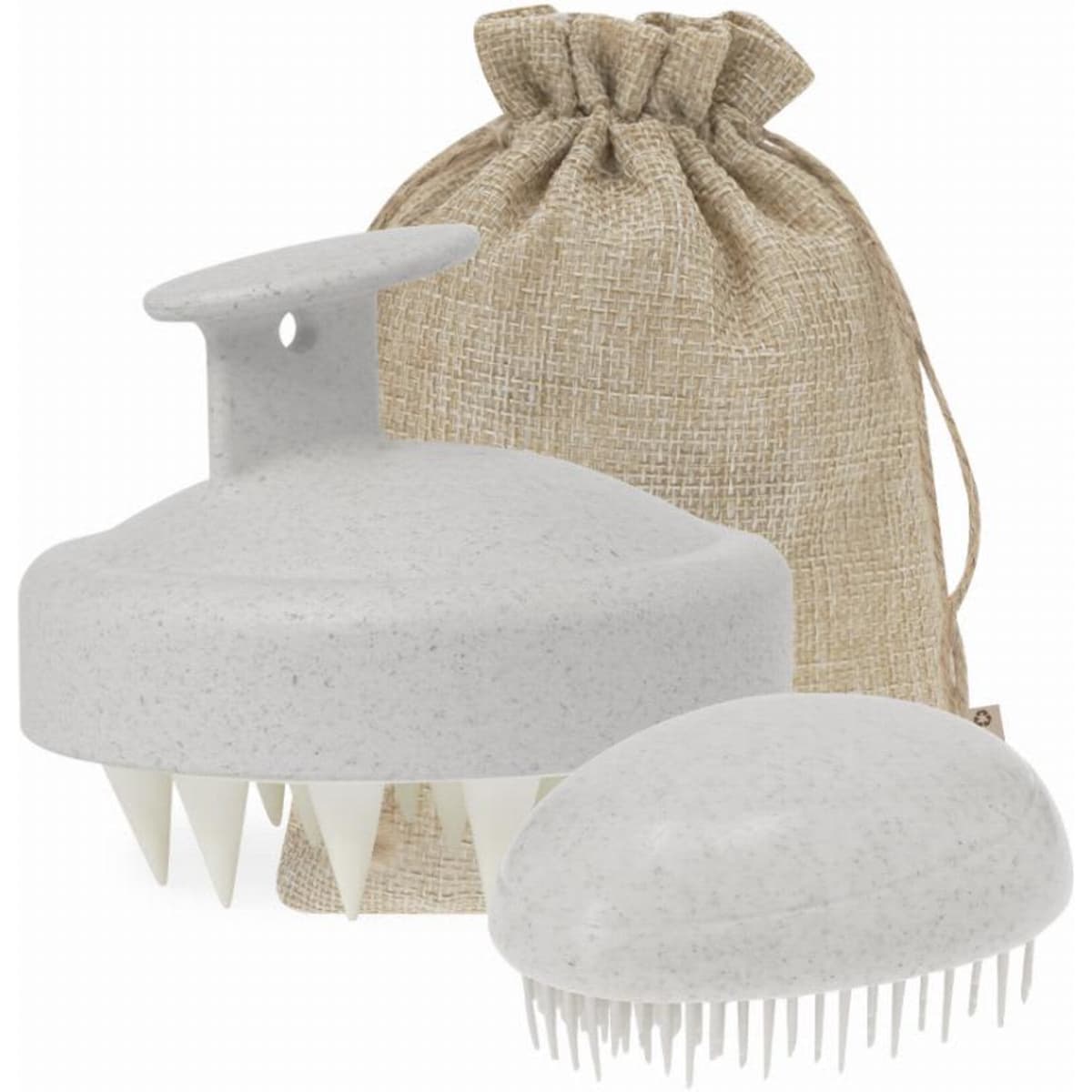 A hair scalp massager in light grey with a handle, alongside a smaller oval massager, packaged in a burlap drawstring bag.