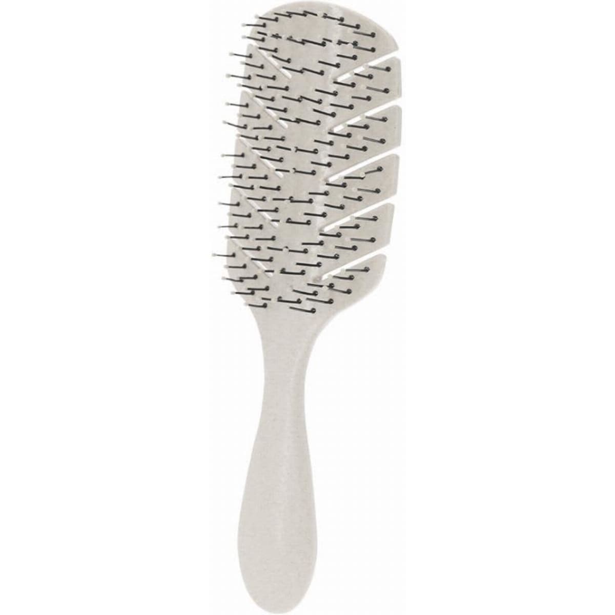 A hairbrush with a textured handle and widely spaced pins, featuring a light grey colour.