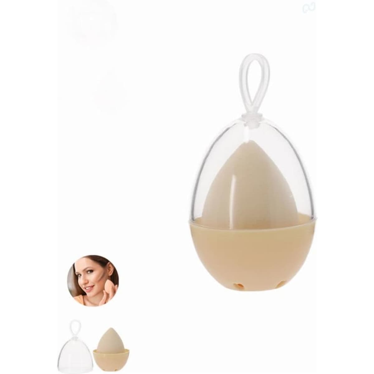 A beauty sponge enclosed in a clear egg-shaped casing, featuring a beige base and a hanging loop.