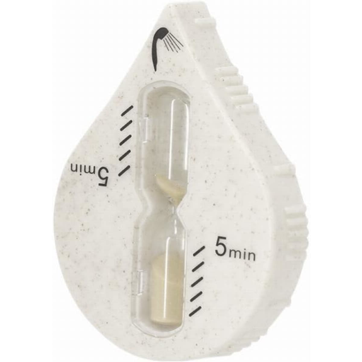 A timer in a droplet shape, featuring a sand-filled hourglass for five minutes, in a white and speckled finish.