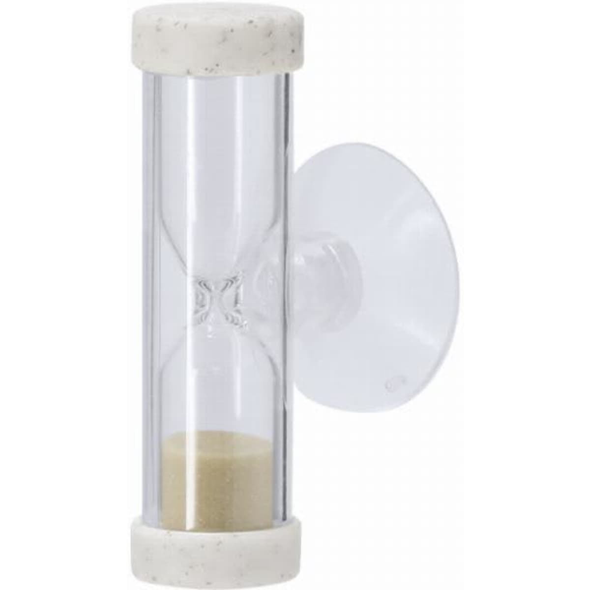 A sand timer with a clear glass body and white end caps, designed to be mounted on a wall.