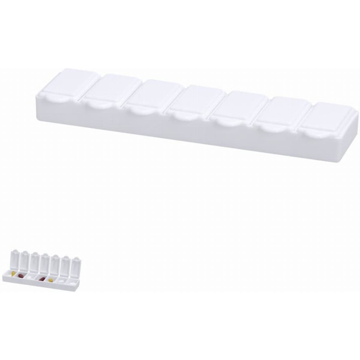A white pill organiser with multiple compartments for storing tablets or vitamins. It features a simple, rectangular design.