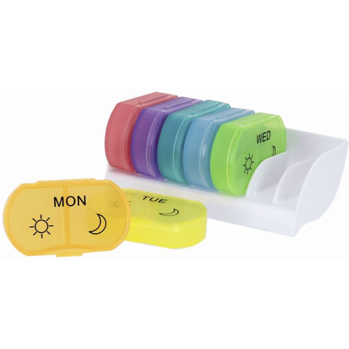 A pill organiser with multiple compartments in various colours, including yellow, pink, blue, and green, with a white stand.