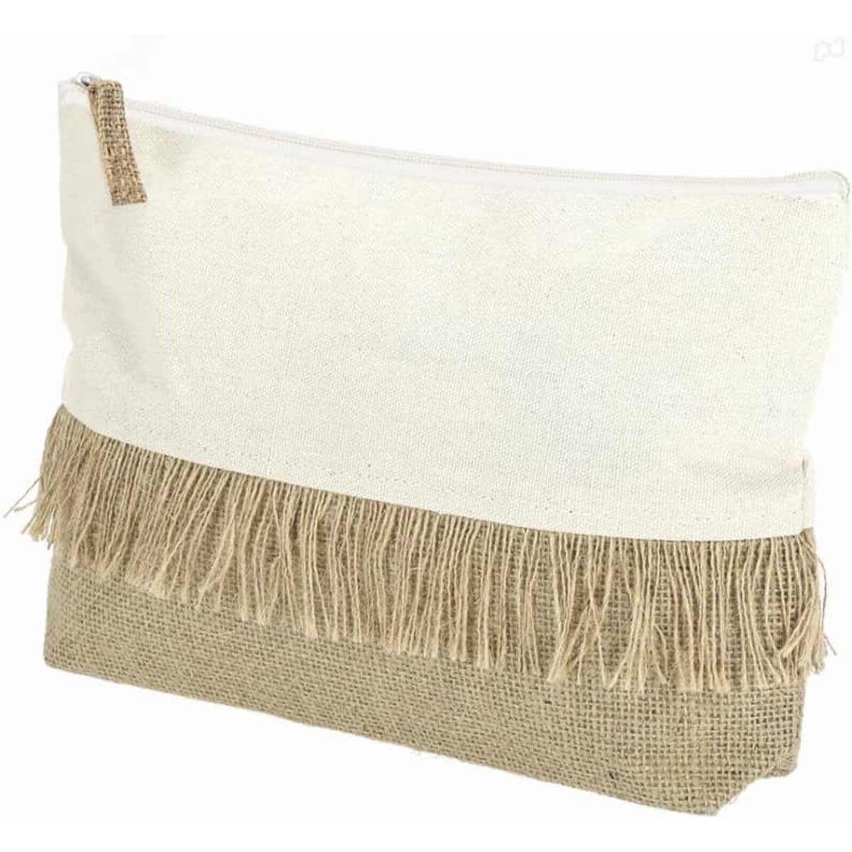 A pouch bag in cream and burlap with a fringe detail and a zip closure. It features a simple, natural design.