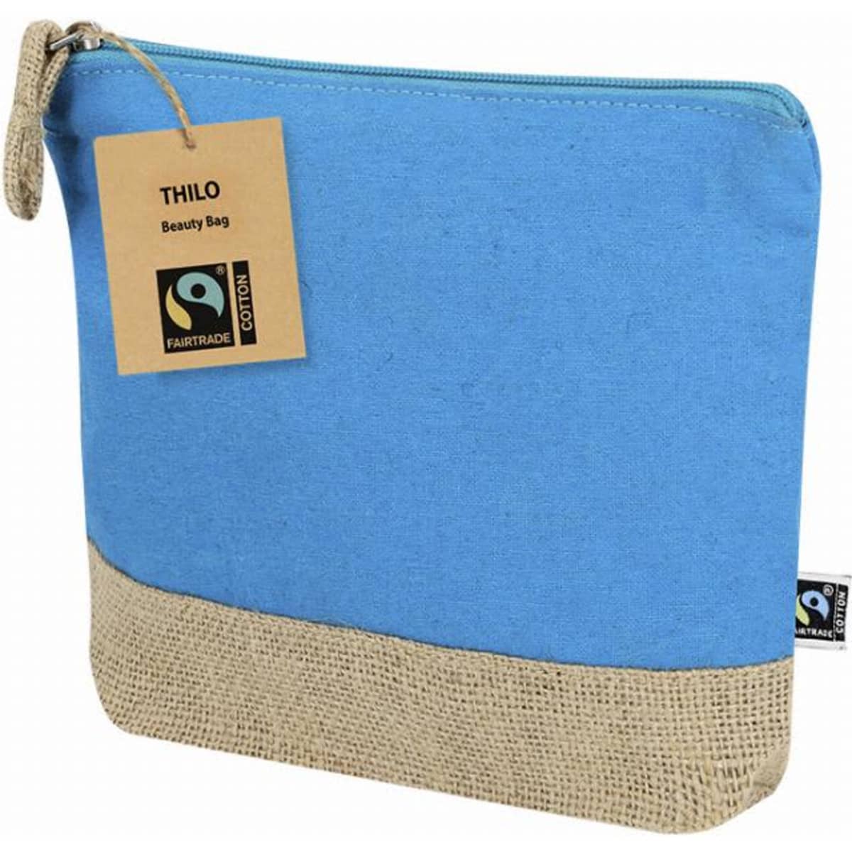 A beauty bag in blue fabric with a natural jute bottom and a zip closure, featuring a small tag and a logo.
