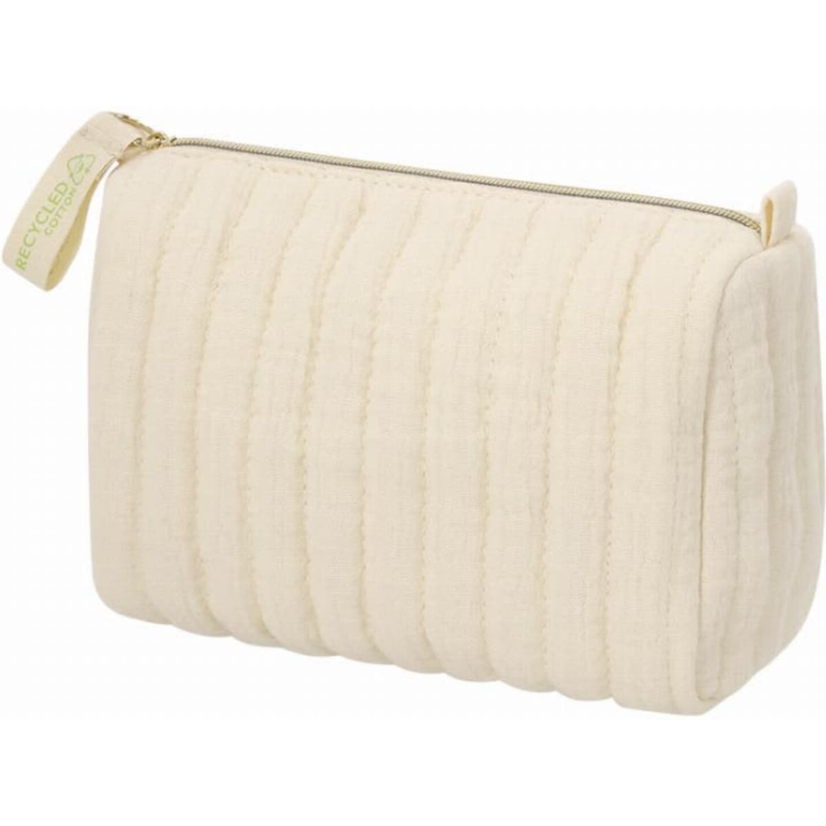 A cream cosmetic pouch with a quilted design and a zip closure. It features a small tag on the zipper.