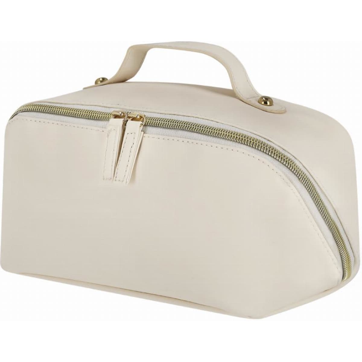A cream-coloured cosmetic bag with a rounded shape and a zipper closure. It has a handle on top.