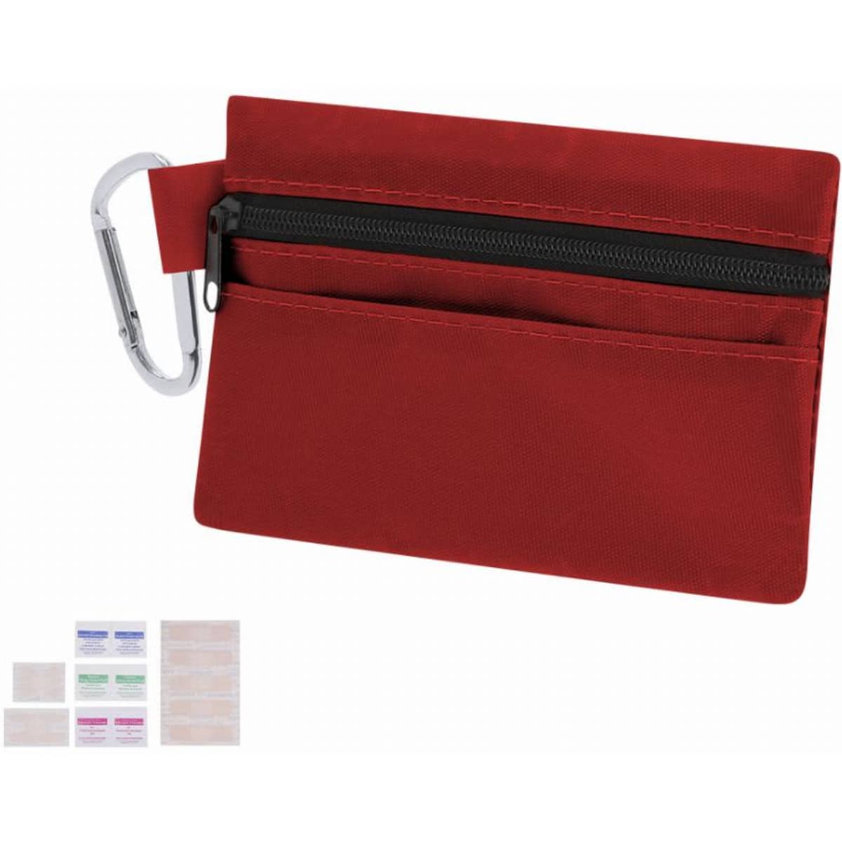 A card wallet in red with a zipper compartment and a metal carabiner clip for attachment.
