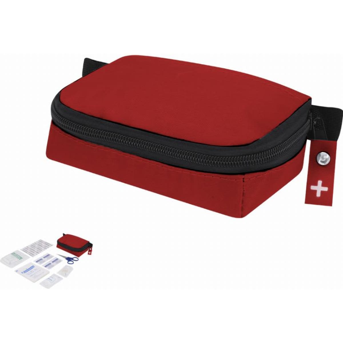 A red compact first aid kit with a zip closure, featuring a black accent and a logo. Contains various medical supplies.