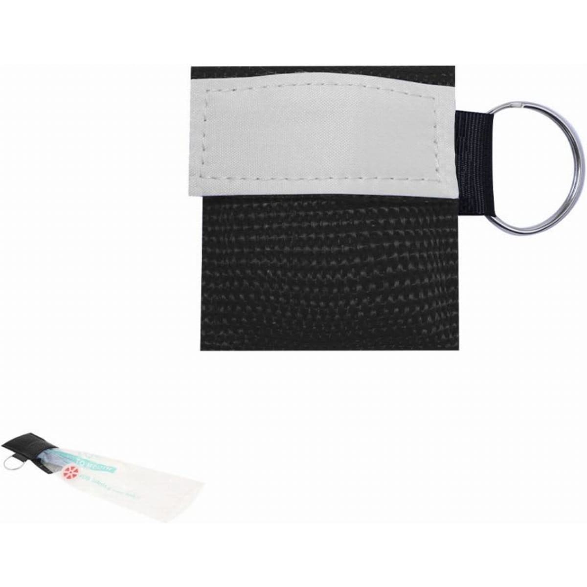 A black fabric pouch with a silver keyring and a white label area for customisation.