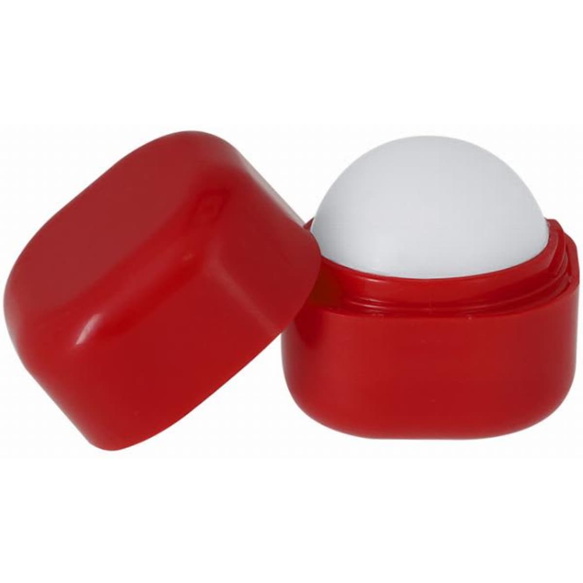 A red container with a domed white lid, partially open, revealing a smooth white surface inside.