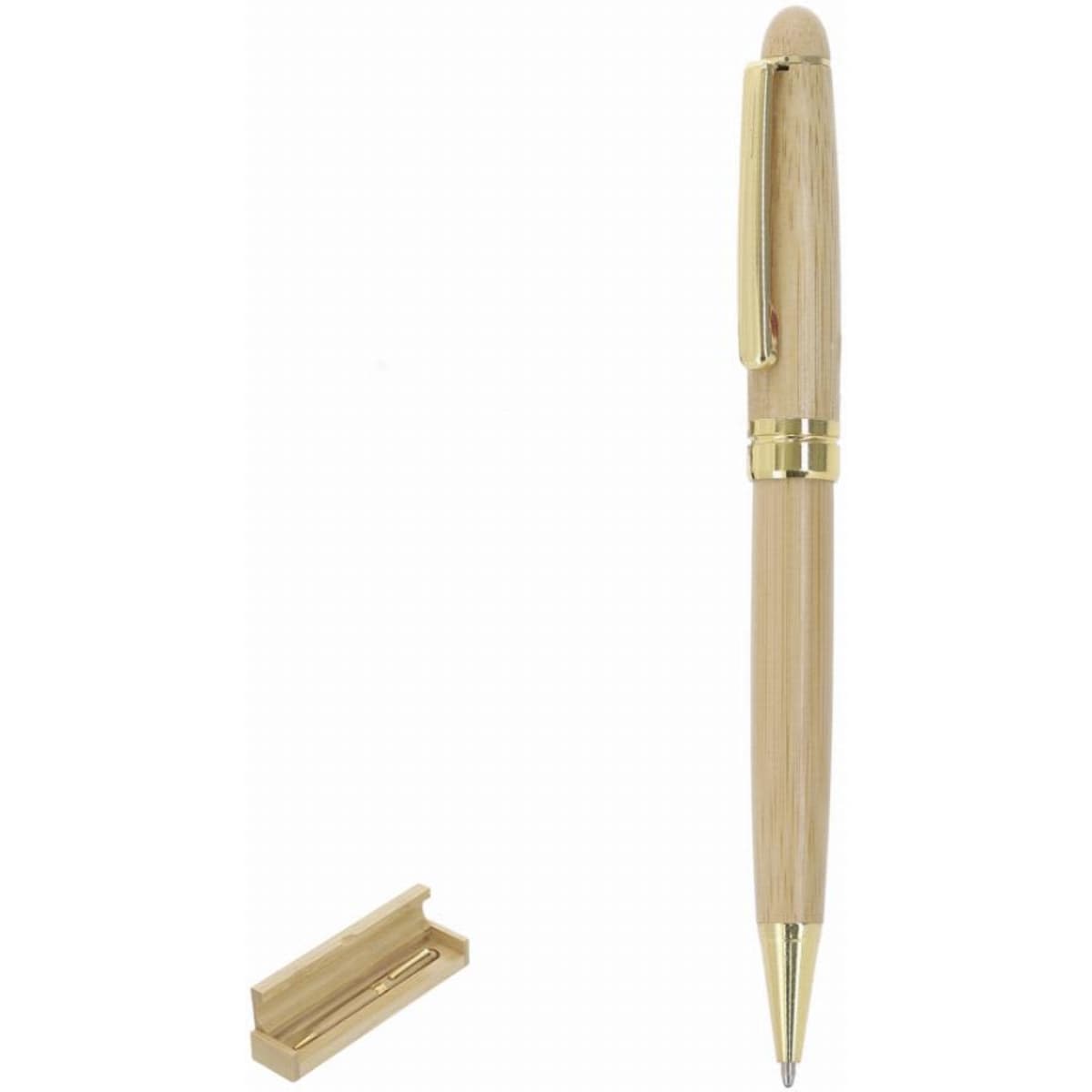 A pen with a wooden body and gold accents, displayed alongside a matching pen holder.