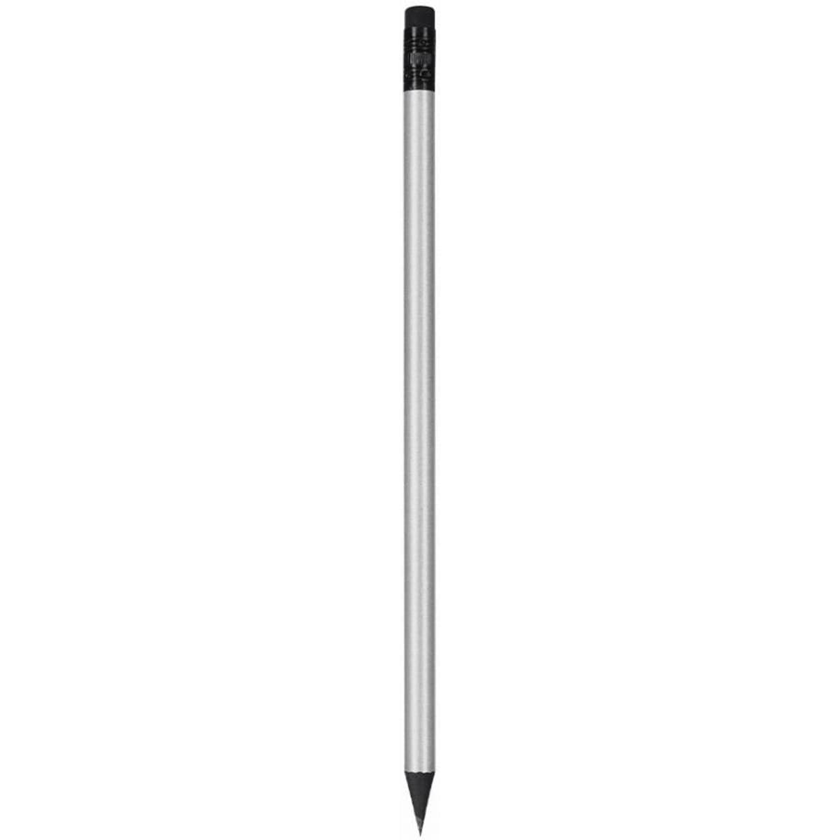 A silver pencil with a black tip and black eraser sits upright against a plain background.