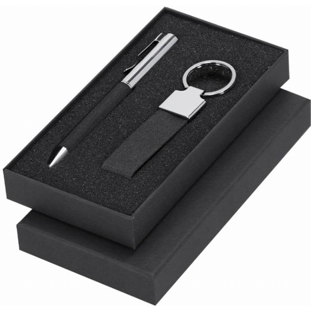 A black gift set featuring a sleek pen and a keyring in a stylish presentation box.