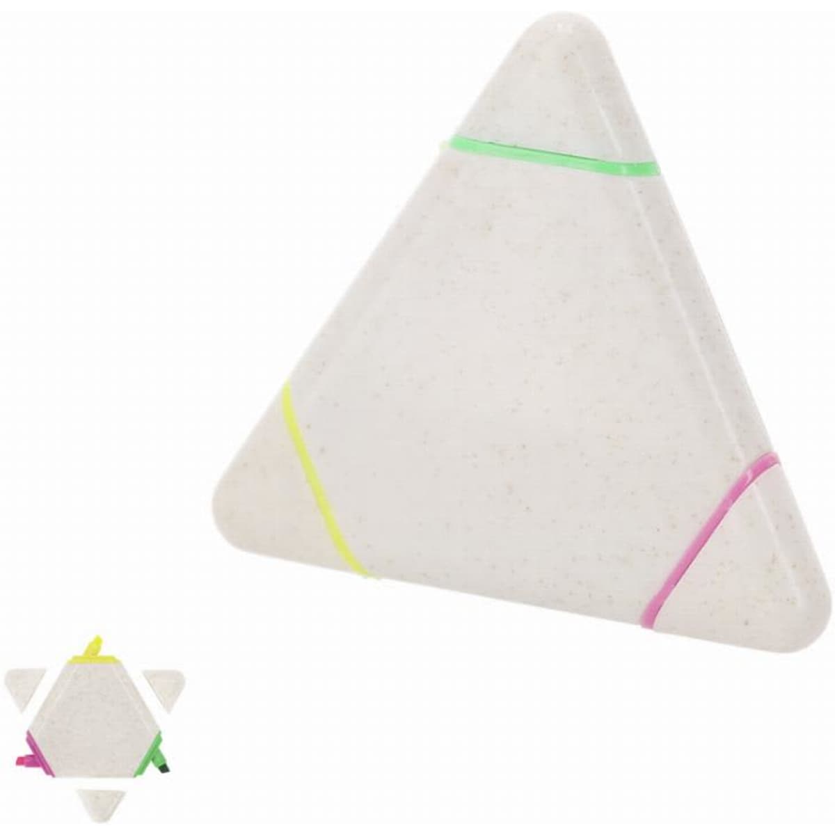 A triangular promotional product in white with colourful bands in green, pink, and yellow. Includes branding on the surface.