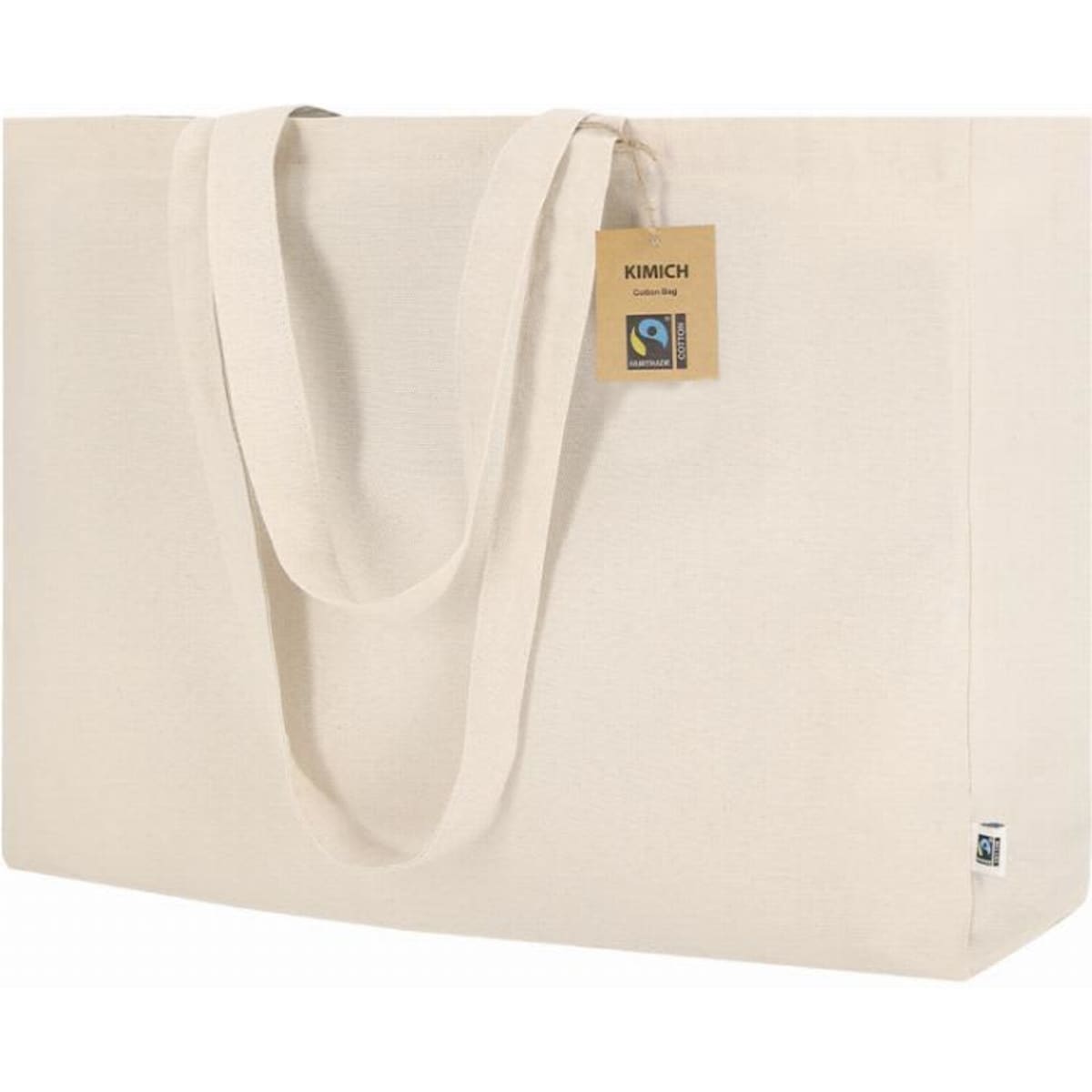 A large, cream-coloured tote bag with two handles and a tag, featuring a simple design.