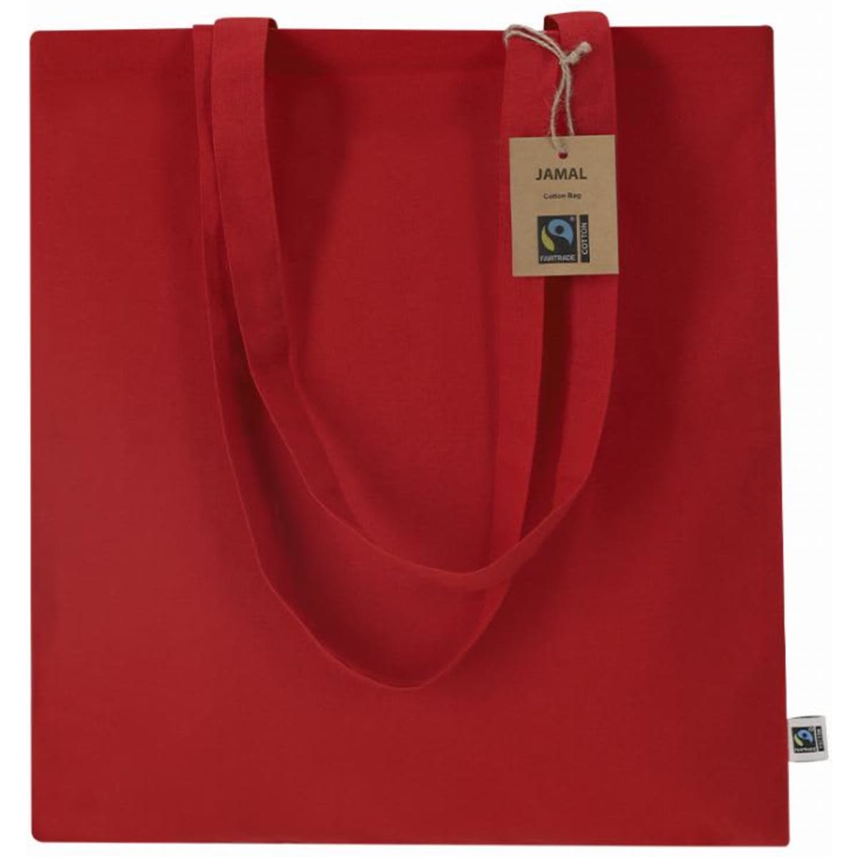 A red tote bag with two shoulder straps and a tag. The bag has a logo and a Fairtrade label.