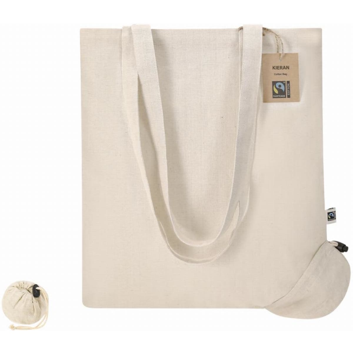 A cream-coloured tote bag with long handles and a drawstring pouch attached. It features a logo or branding.