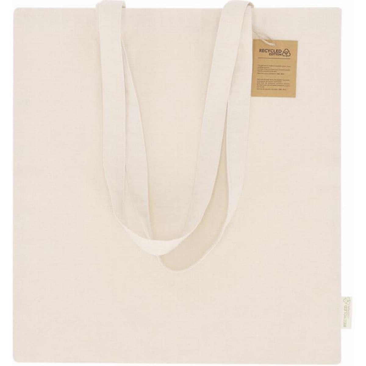 A tote bag in a natural beige colour with long handles and a tag, featuring a subtle logo.