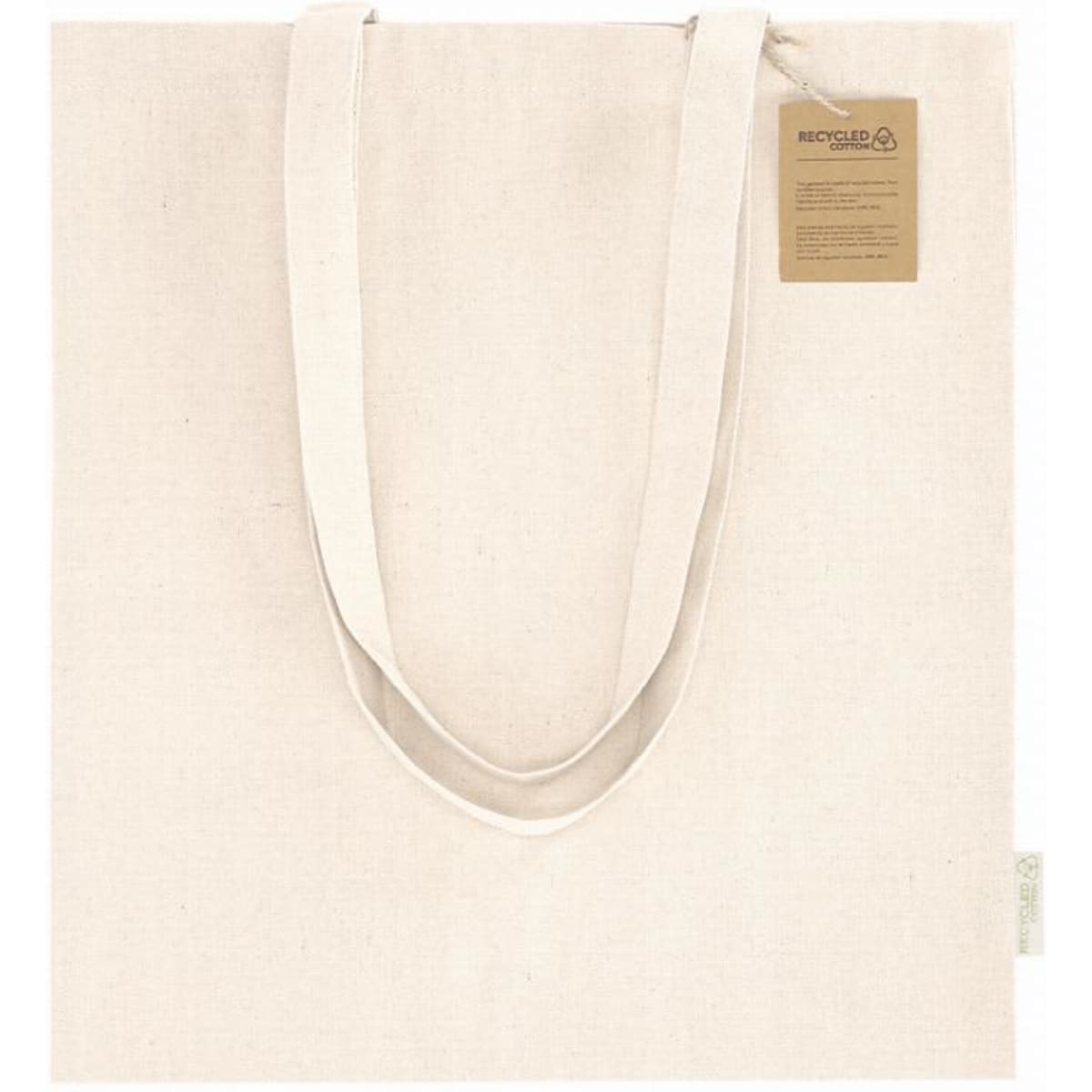 A beige reusable tote bag with two long handles and a tag attached, made from recycled material.