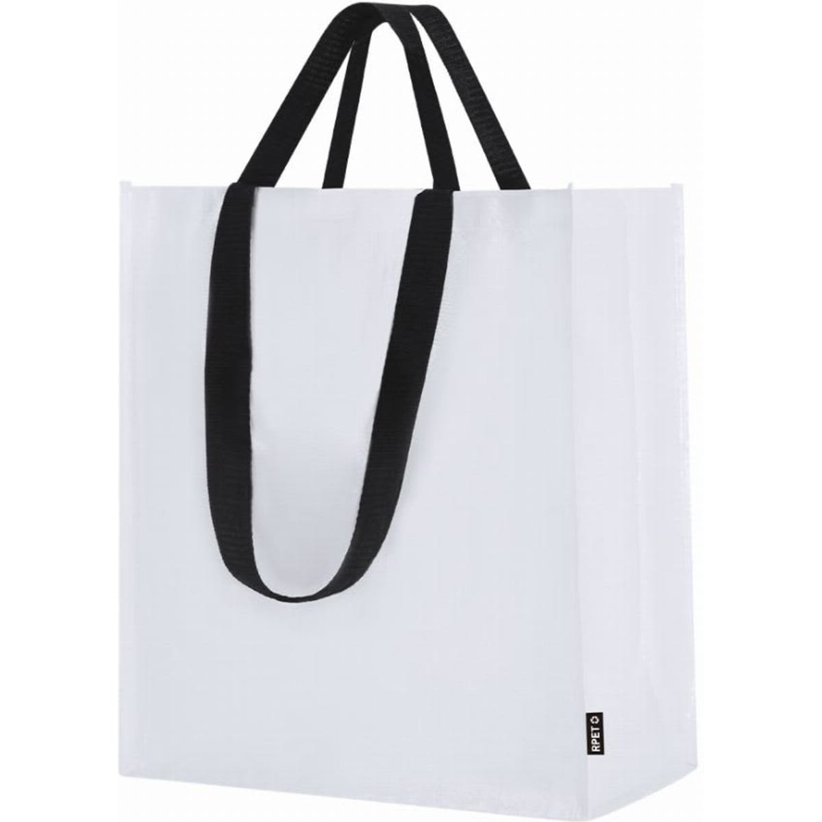 A white tote bag with black handles and a branding logo on the side.