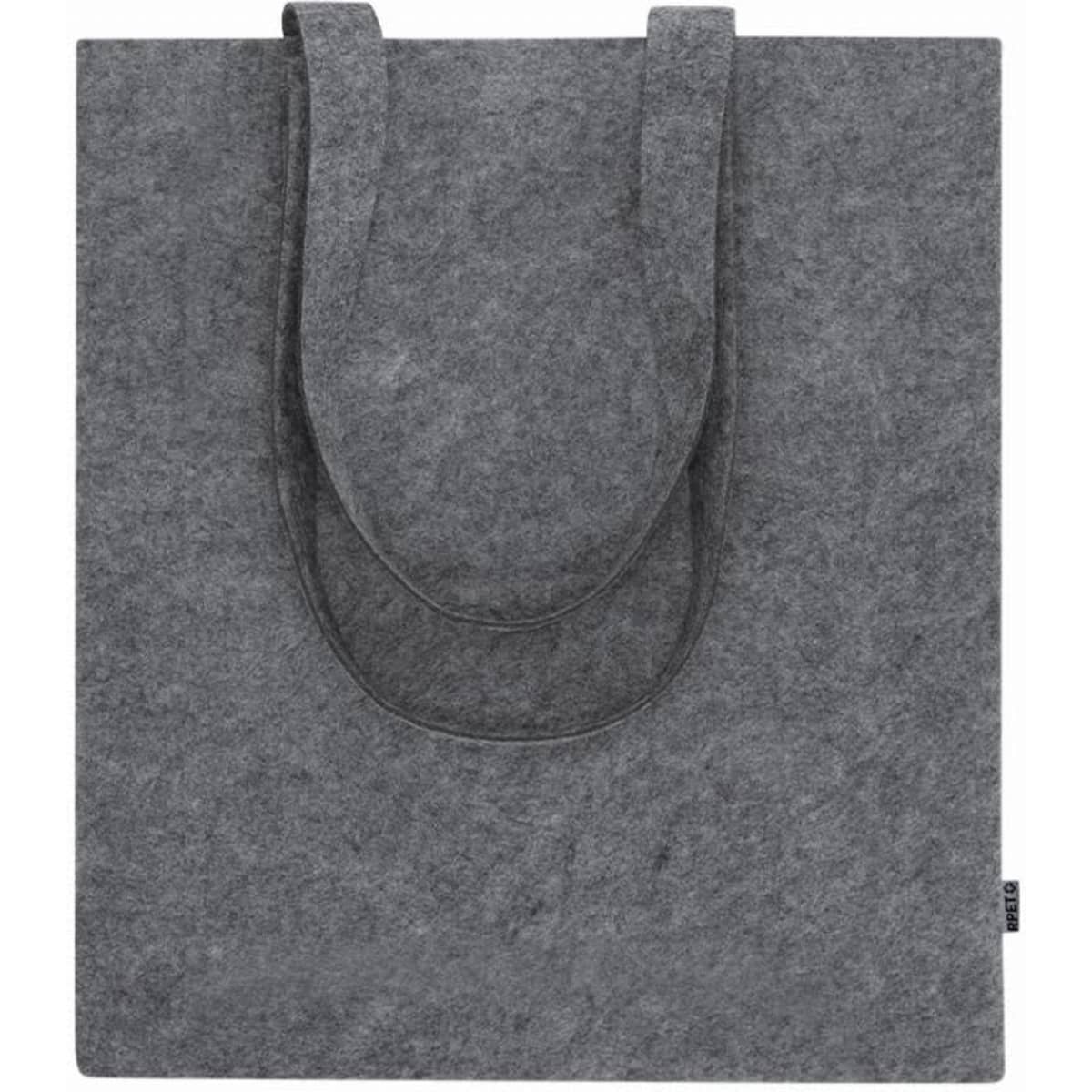 A grey felt tote bag with two sturdy handles, featuring a simple and minimalist design.