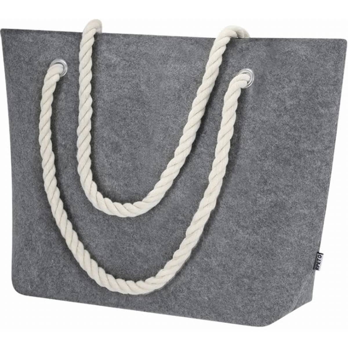 A grey felt tote bag with white rope handles and a simple design. It features rounded corners and eyelets.
